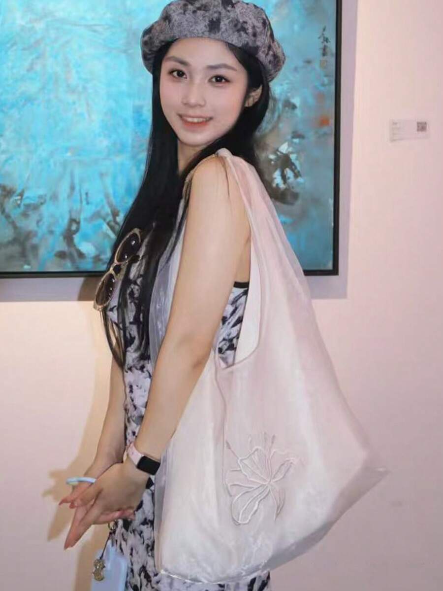 Korean Style Niche Design Ins-Inspired Sheer Embroidered Shoulder Commuter Casual Daily Shopping Canvas Bag, Gentle Slouchy Large Capacity Shoulder Underarm Handbag For Women