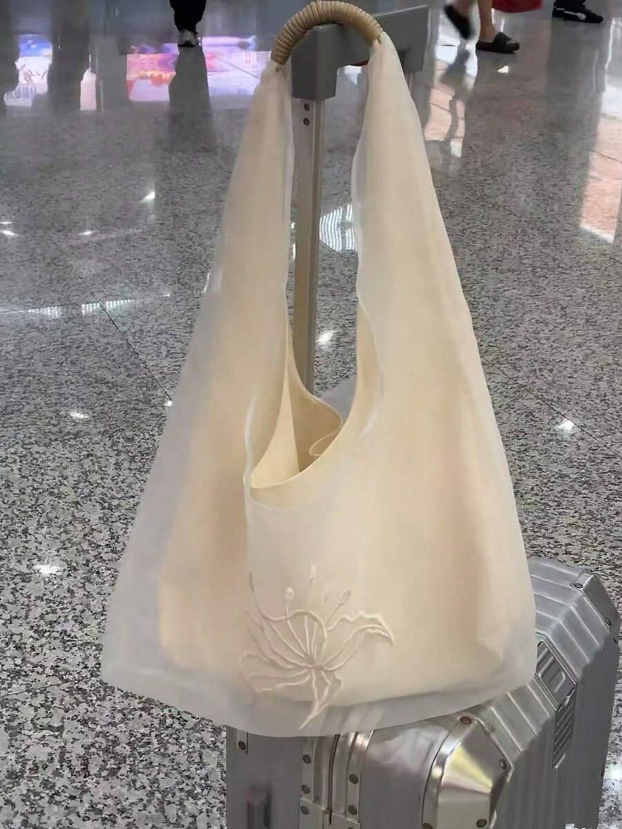 Korean Style Niche Design Ins-Inspired Sheer Embroidered Shoulder Commuter Casual Daily Shopping Canvas Bag, Gentle Slouchy Large Capacity Shoulder Underarm Handbag For Women
