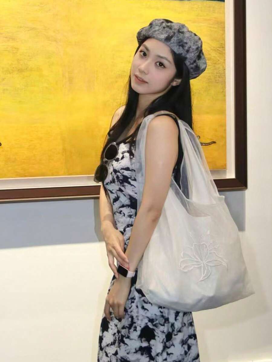 Korean Style Niche Design Ins-Inspired Sheer Embroidered Shoulder Commuter Casual Daily Shopping Canvas Bag, Gentle Slouchy Large Capacity Shoulder Underarm Handbag For Women