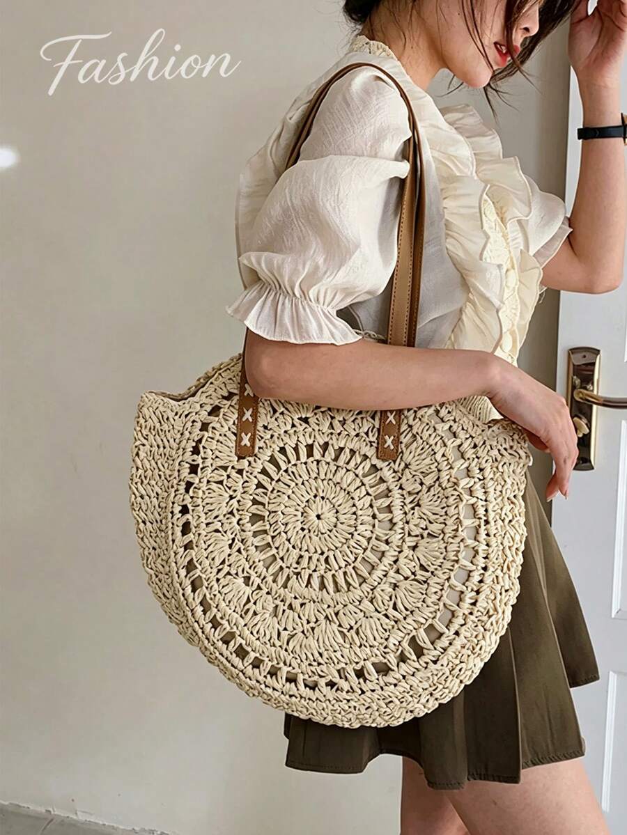 Women's Round Crochet Cutout Straw Bag,Bohemian Woven Shoulder Bag,Leather Straps,Handcrafted Textured,Summer Vacation Beach ToteBag,Summer Essentials