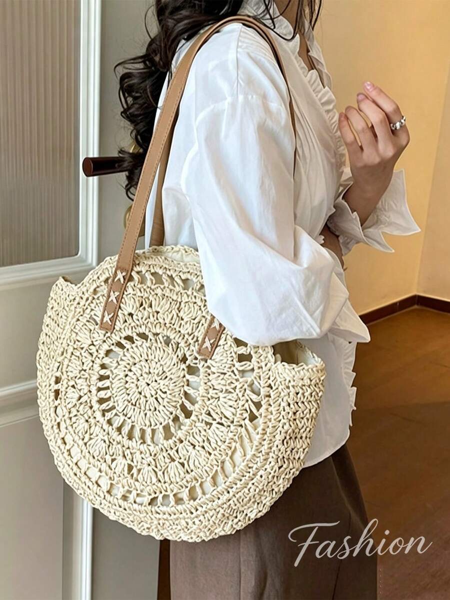 Women's Round Crochet Cutout Straw Bag,Bohemian Woven Shoulder Bag,Leather Straps,Handcrafted Textured,Summer Vacation Beach ToteBag,Summer Essentials
