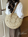Women's Round Crochet Cutout Straw Bag,Bohemian Woven Shoulder Bag,Leather Straps,Handcrafted Textured,Summer Vacation Beach ToteBag,Summer Essentials