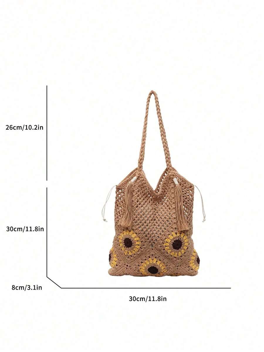 Women's Crochet Hollow Out Bohemian Style Shoulder Tote Bag, Casual Summer Beach Daily Use