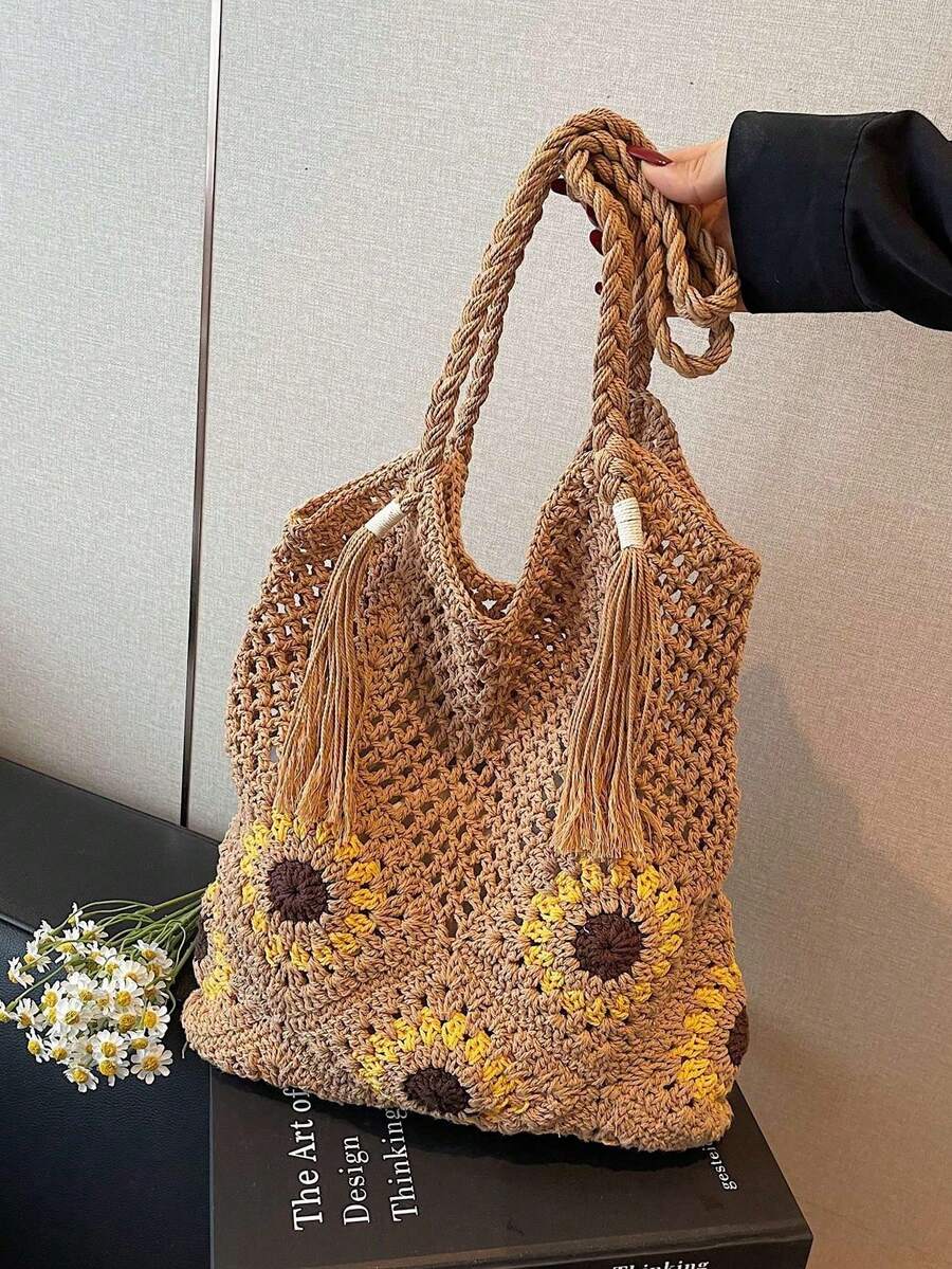 Women's Crochet Hollow Out Bohemian Style Shoulder Tote Bag, Casual Summer Beach Daily Use
