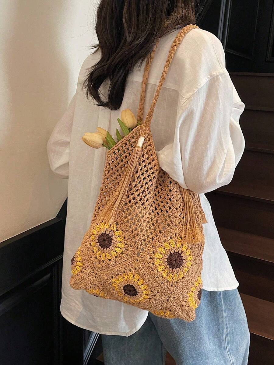 Women's Crochet Hollow Out Bohemian Style Shoulder Tote Bag, Casual Summer Beach Daily Use