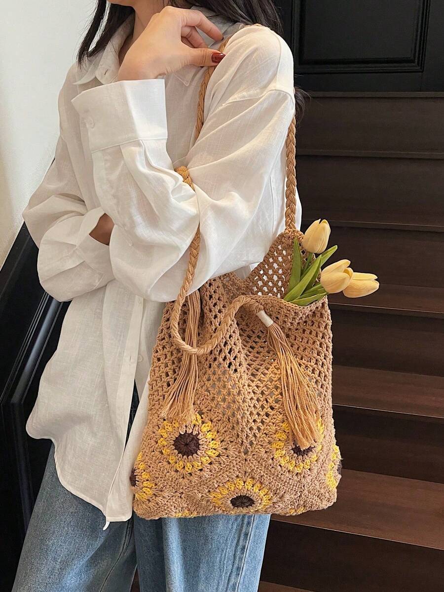Women's Crochet Hollow Out Bohemian Style Shoulder Tote Bag, Casual Summer Beach Daily Use