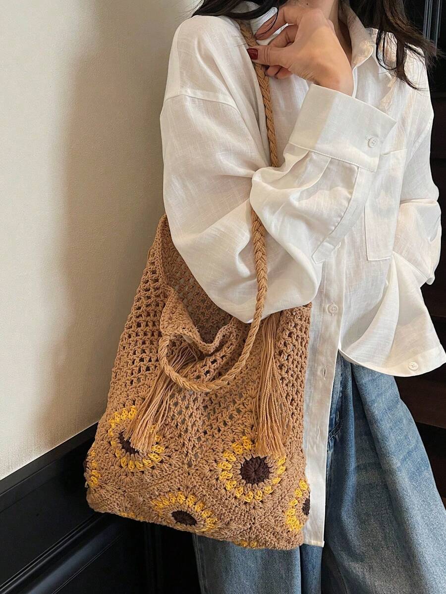 Women's Crochet Hollow Out Bohemian Style Shoulder Tote Bag, Casual Summer Beach Daily Use