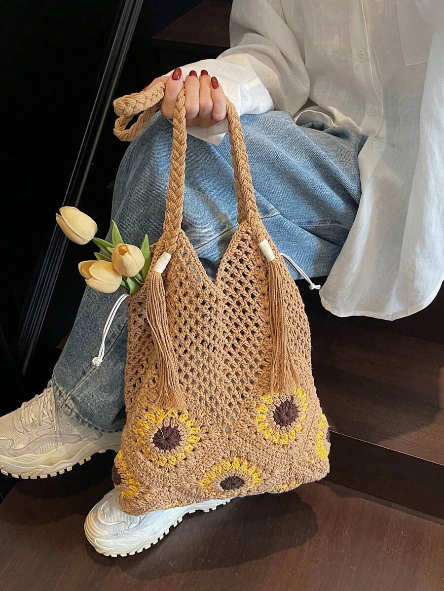Women's Crochet Hollow Out Bohemian Style Shoulder Tote Bag, Casual Summer Beach Daily Use