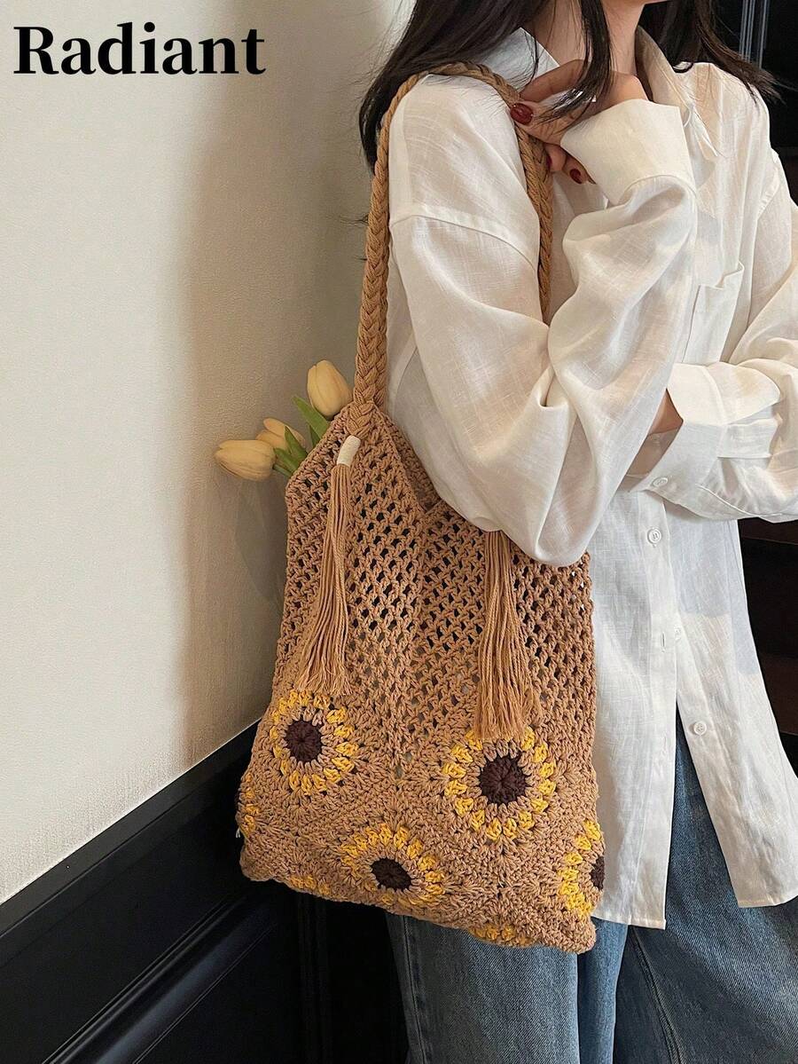 Women's Crochet Hollow Out Bohemian Style Shoulder Tote Bag, Casual Summer Beach Daily Use