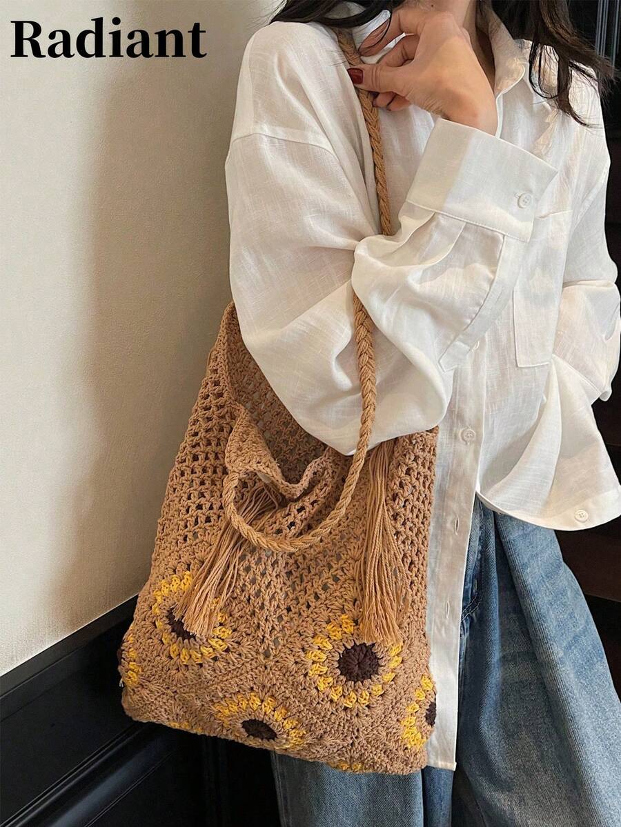 Women's Crochet Hollow Out Bohemian Style Shoulder Tote Bag, Casual Summer Beach Daily Use