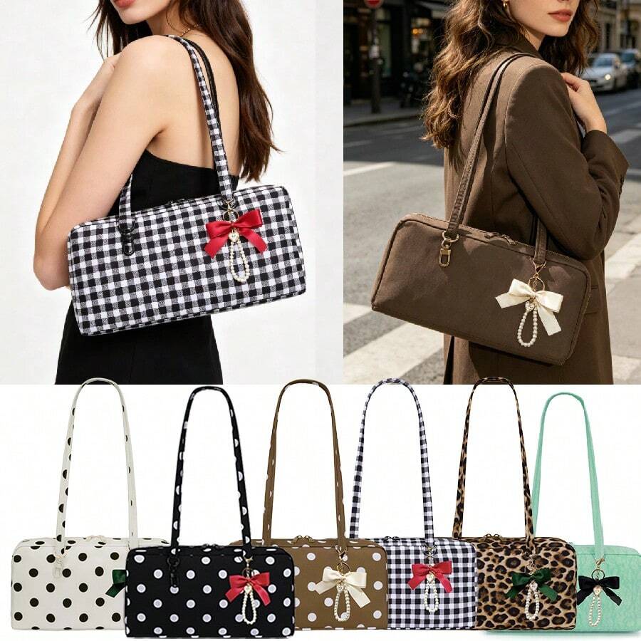 Nylon Polka Dots Bowler Bag Purse For Women Shoulder Bag Top Handle Slouchy Tote Bags Travel Work College With Bow Keychain Lightweight Zipper Handbag