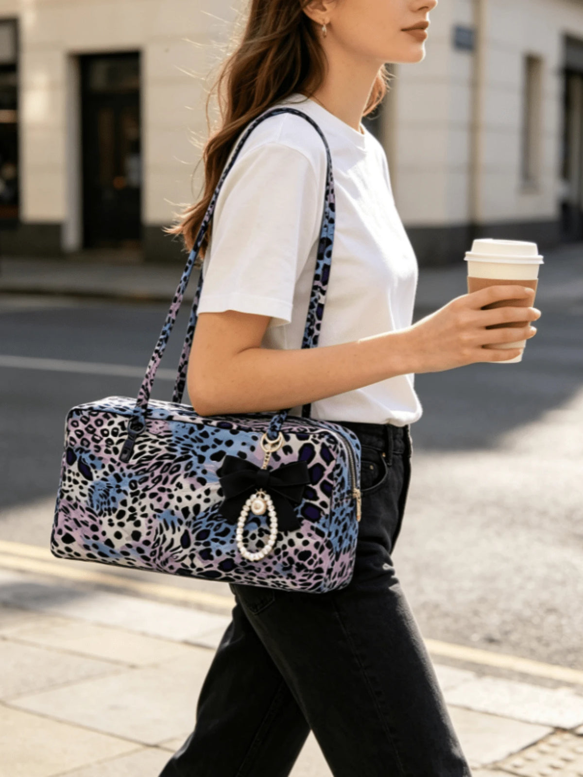 Nylon Polka Dots Bowler Bag Purse For Women Shoulder Bag Top Handle Slouchy Tote Bags Travel Work College With Bow Keychain Lightweight Zipper Handbag