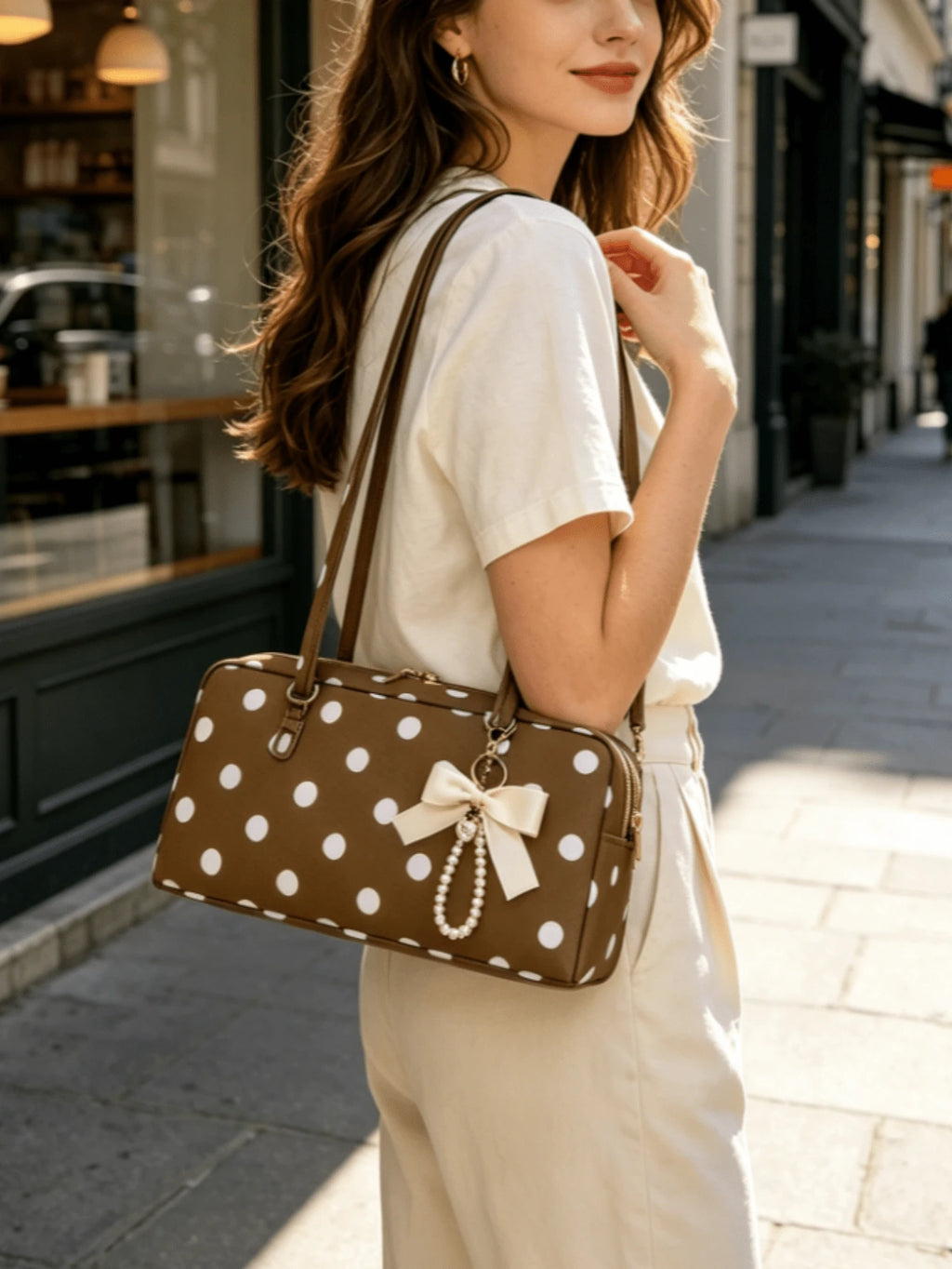 Nylon Polka Dots Bowler Bag Purse For Women Shoulder Bag Top Handle Slouchy Tote Bags Travel Work College With Bow Keychain Lightweight Zipper Handbag