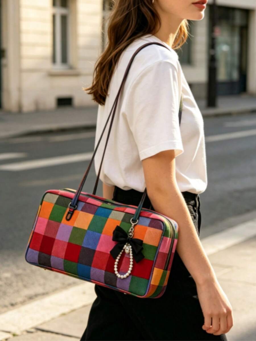 Nylon Polka Dots Bowler Bag Purse For Women Shoulder Bag Top Handle Slouchy Tote Bags Travel Work College With Bow Keychain Lightweight Zipper Handbag