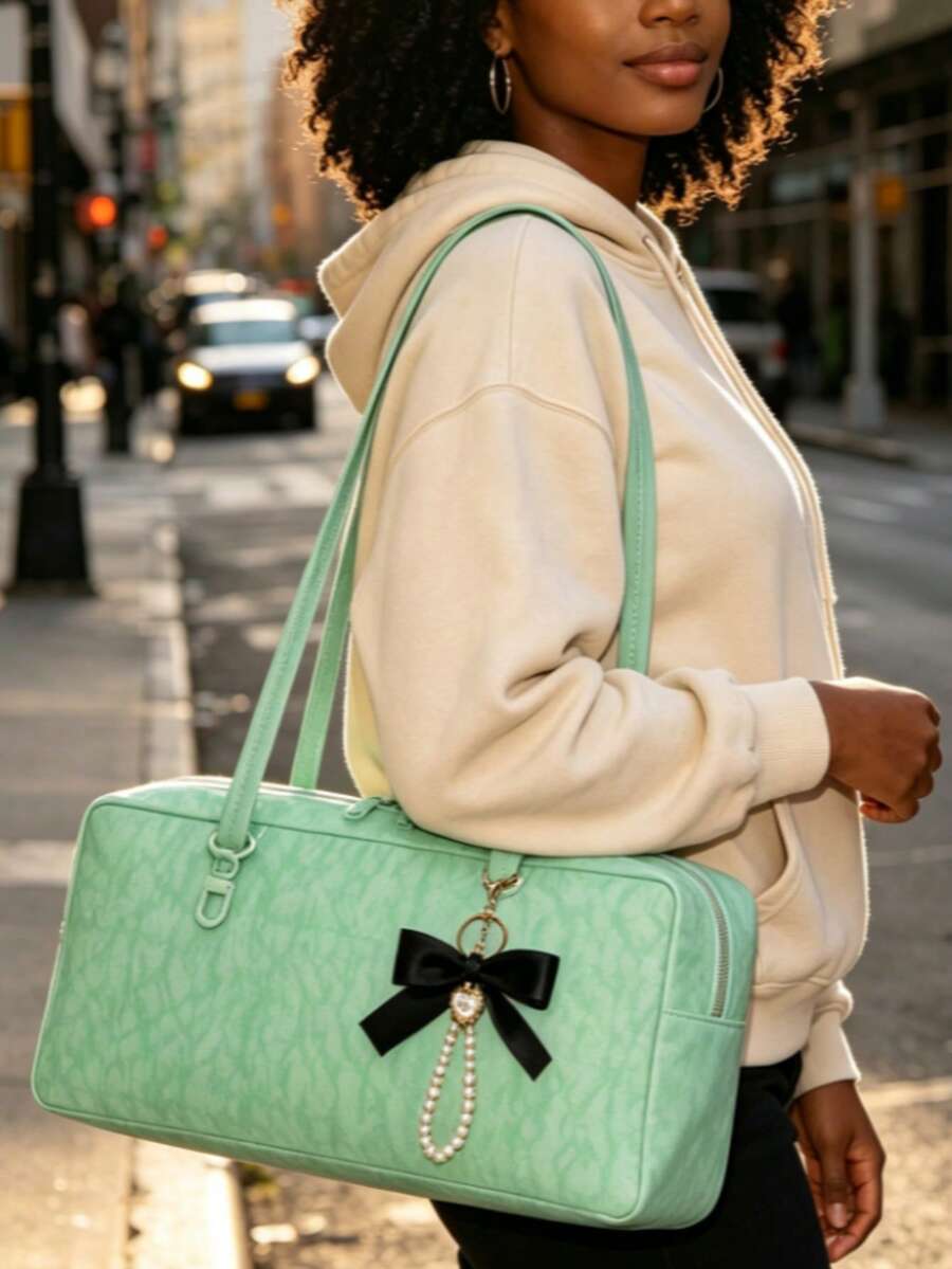 Nylon Polka Dots Bowler Bag Purse For Women Shoulder Bag Top Handle Slouchy Tote Bags Travel Work College With Bow Keychain Lightweight Zipper Handbag