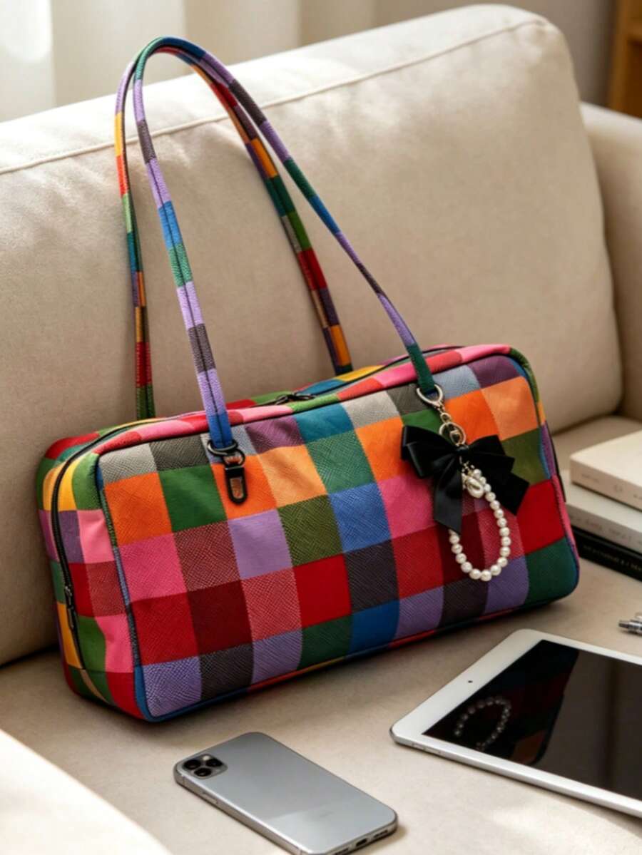 Nylon Polka Dots Bowler Bag Purse For Women Shoulder Bag Top Handle Slouchy Tote Bags Travel Work College With Bow Keychain Lightweight Zipper Handbag