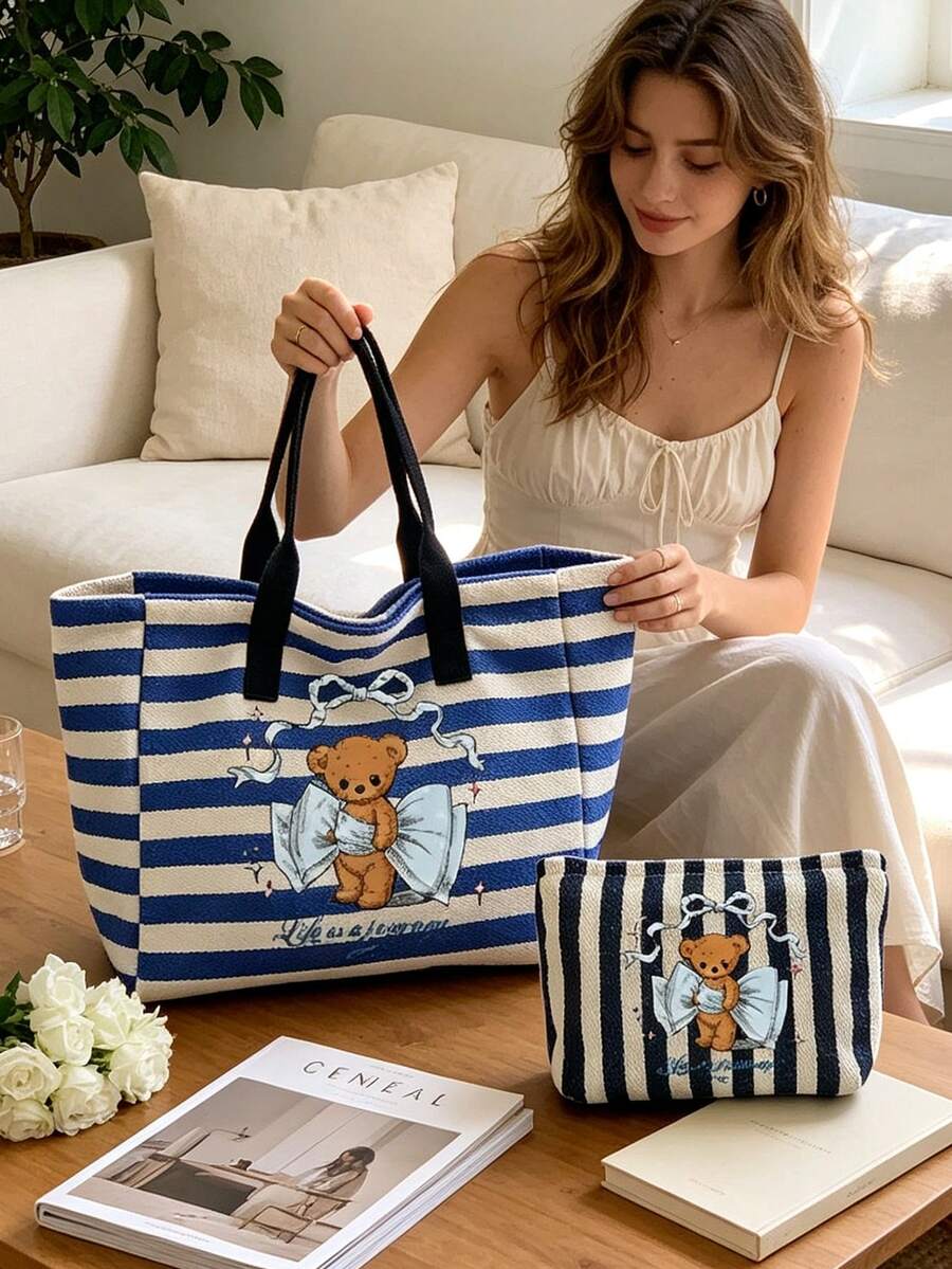 Cute Bear Pattern Large Capacity Striped Beach Tote Bag, Striped Makeup Bag, Foldable Canvas Shoulder Bag, Waterproof Sand-Proof Travel Bag, Suitable For Summer Essentials, Perfect For Beach Trips, Sw