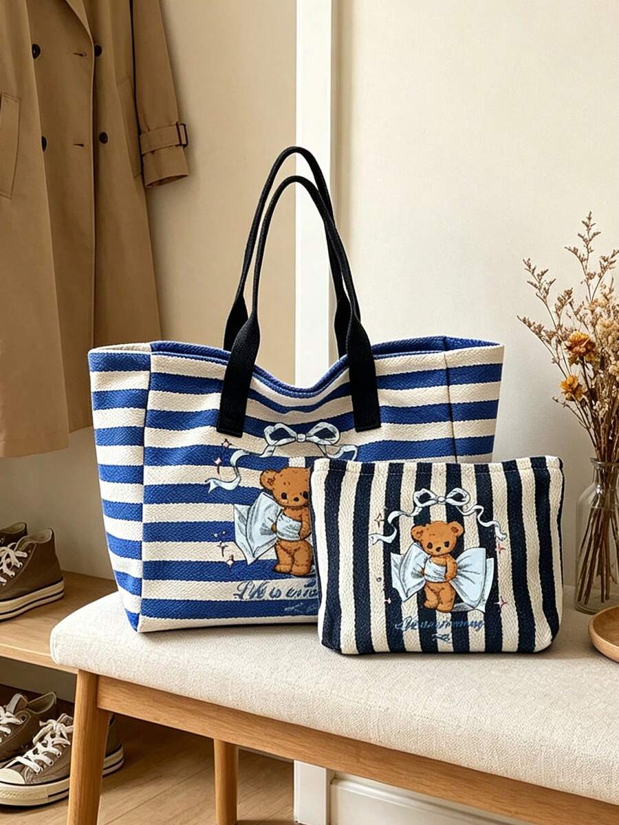 Cute Bear Pattern Large Capacity Striped Beach Tote Bag, Striped Makeup Bag, Foldable Canvas Shoulder Bag, Waterproof Sand-Proof Travel Bag, Suitable For Summer Essentials, Perfect For Beach Trips, Sw