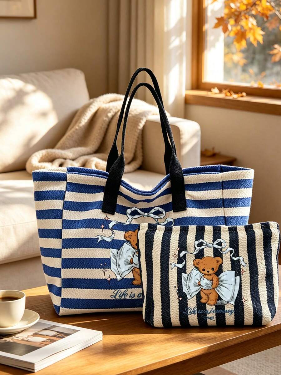 Cute Bear Pattern Large Capacity Striped Beach Tote Bag, Striped Makeup Bag, Foldable Canvas Shoulder Bag, Waterproof Sand-Proof Travel Bag, Suitable For Summer Essentials, Perfect For Beach Trips, Sw