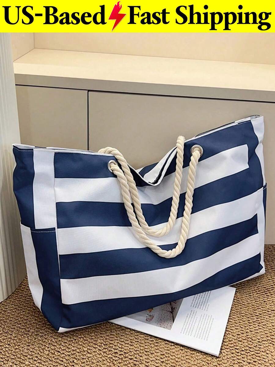 Beach Bags For Women Large Waterproof Beach Tote Bag Canvas Shoulder Bag Swim Pool Bag Casual Stripe Design Tote Bag Travel Essential Vacation