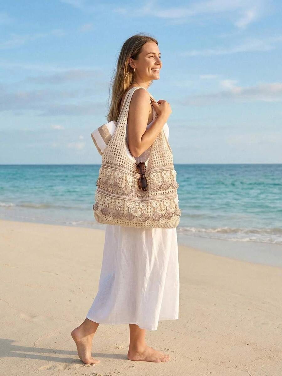LFIRSTL Fashion Lace Crochet Hollow Design Vacation, School Bag, Large Capacity, Portable, Suitable For Teenage Girls, College Students, Office Workers, Perfect For Work, Back To School, Middle School