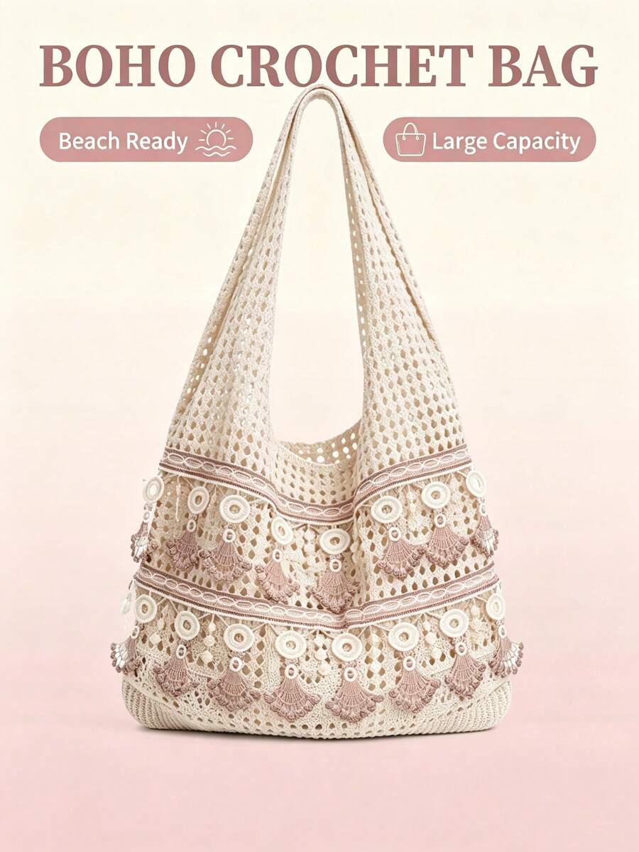 LFIRSTL Fashion Lace Crochet Hollow Design Vacation, School Bag, Large Capacity, Portable, Suitable For Teenage Girls, College Students, Office Workers, Perfect For Work, Back To School, Middle School