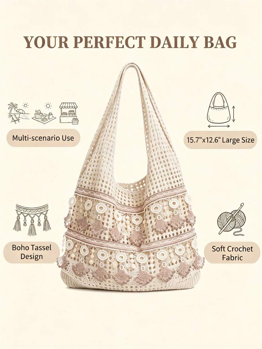 LFIRSTL Fashion Lace Crochet Hollow Design Vacation, School Bag, Large Capacity, Portable, Suitable For Teenage Girls, College Students, Office Workers, Perfect For Work, Back To School, Middle School