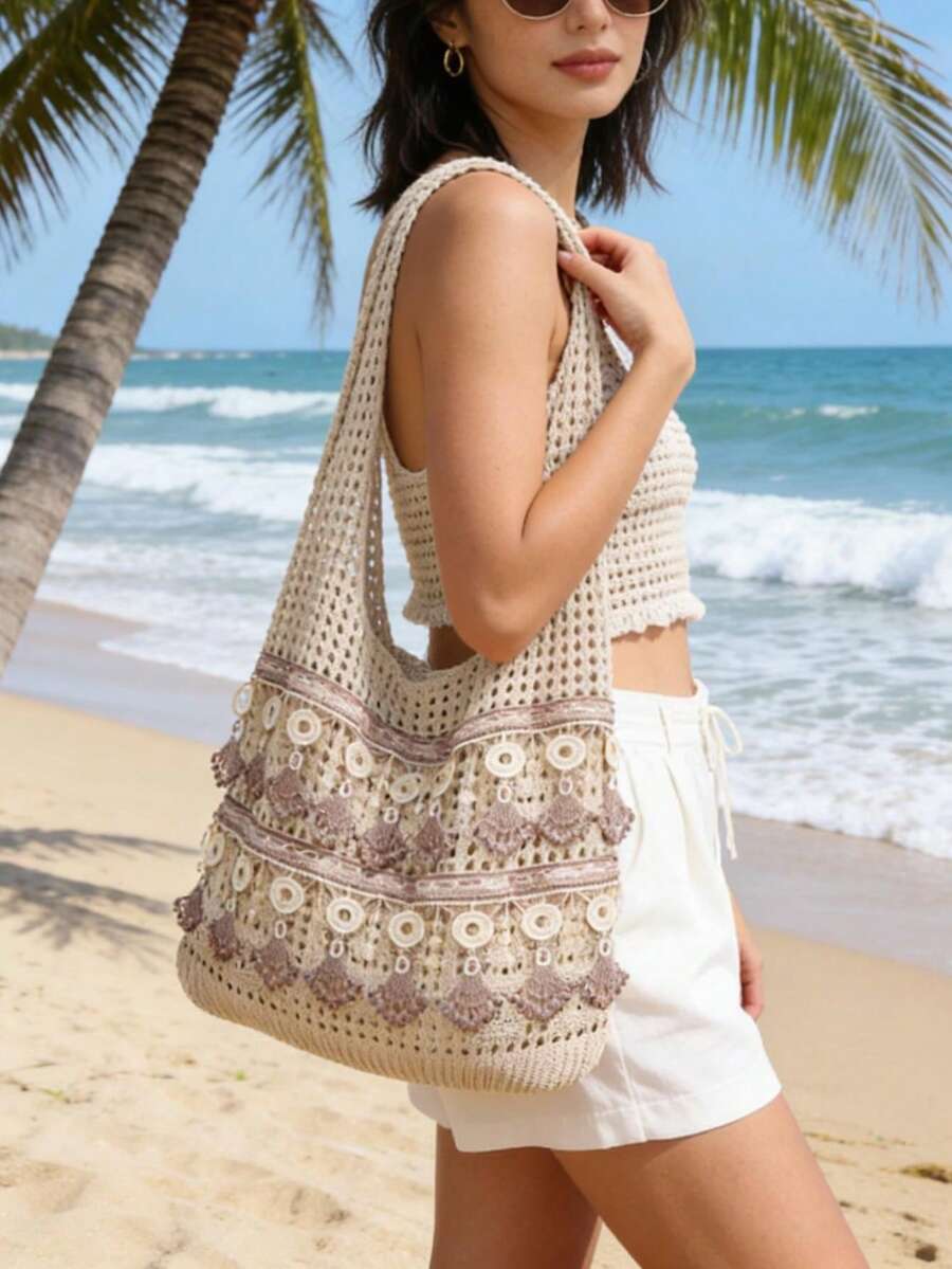 LFIRSTL Fashion Lace Crochet Hollow Design Vacation, School Bag, Large Capacity, Portable, Suitable For Teenage Girls, College Students, Office Workers, Perfect For Work, Back To School, Middle School