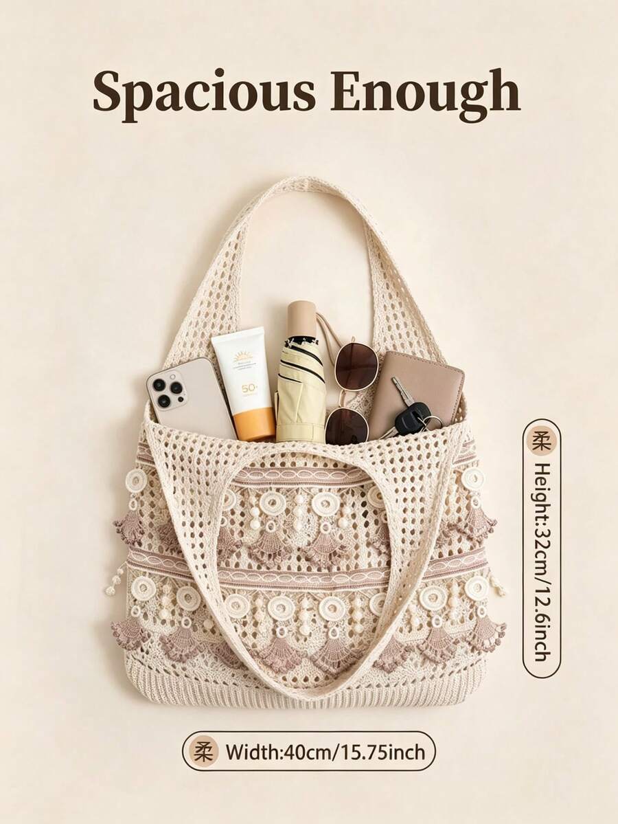 LFIRSTL Fashion Lace Crochet Hollow Design Vacation, School Bag, Large Capacity, Portable, Suitable For Teenage Girls, College Students, Office Workers, Perfect For Work, Back To School, Middle School