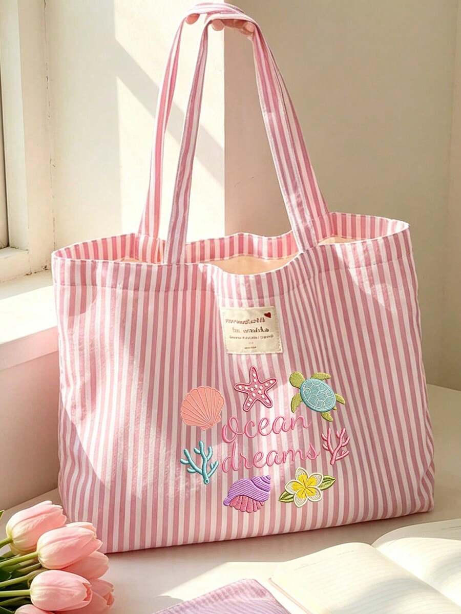 Vintage Pink And White Striped Tote Bag With Ocean Element Embroidery Pattern And Matching Small Cosmetic Bag, Women's Large Capacity Canvas Tote Bag, Same Color Zipper, Spacious Multifunctional Shoul