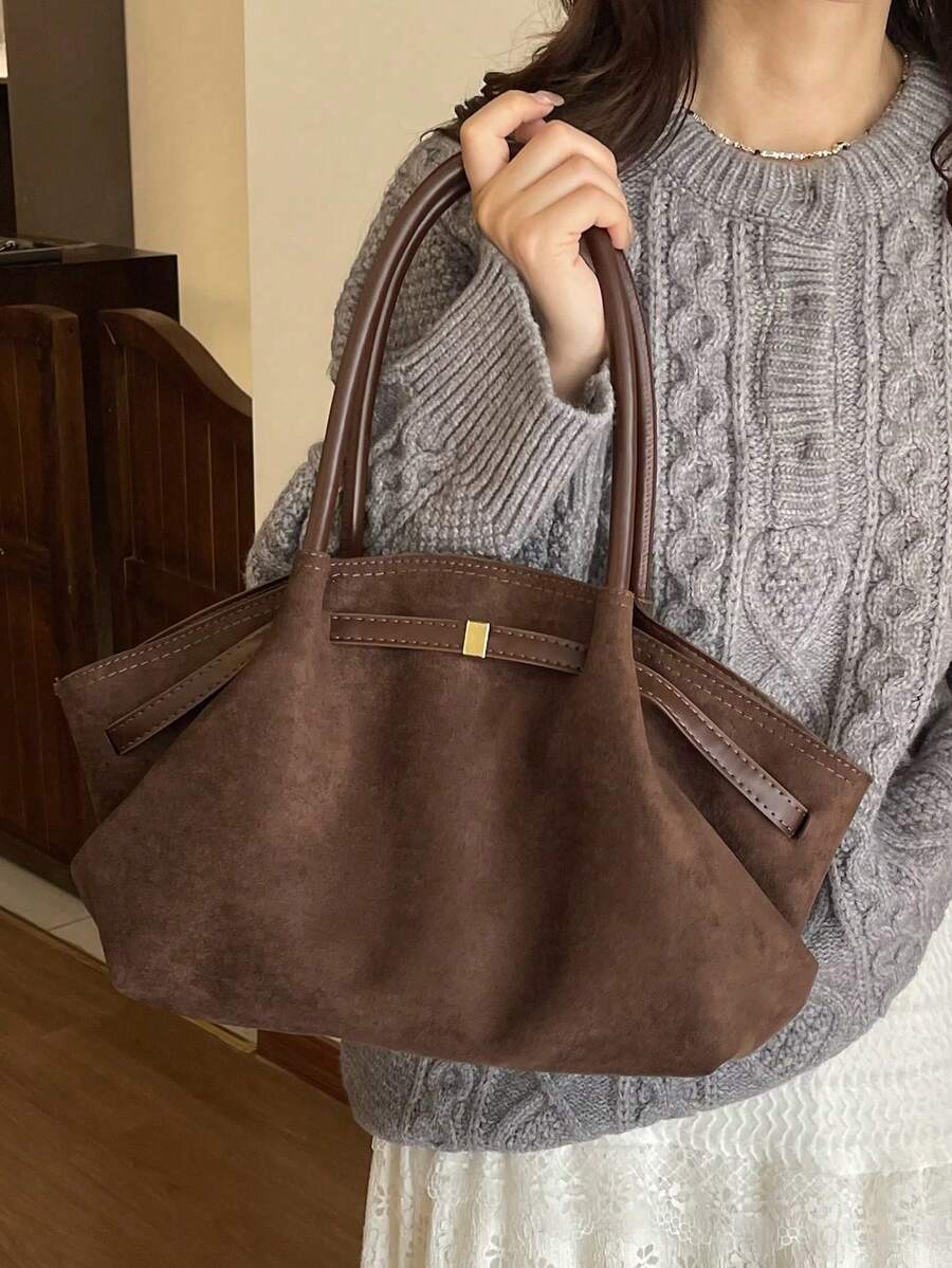 Matte Velvet Fabric & PU Retro Wing Tote Bag, All-Season Versatile, Suitable For Daily Commute, Sweet Dates, Shopping Trips, Afternoon Tea Gatherings, Short Vacations; Ideal For Urban White-Collar, St