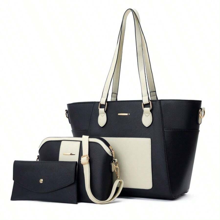 Elegant Color Block Faux Leather 3Pcs Tote Bag Set Shoulder Crossbody Purse For Daily Use