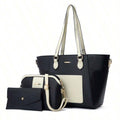Elegant Color Block Faux Leather 3Pcs Tote Bag Set Shoulder Crossbody Purse For Daily Use