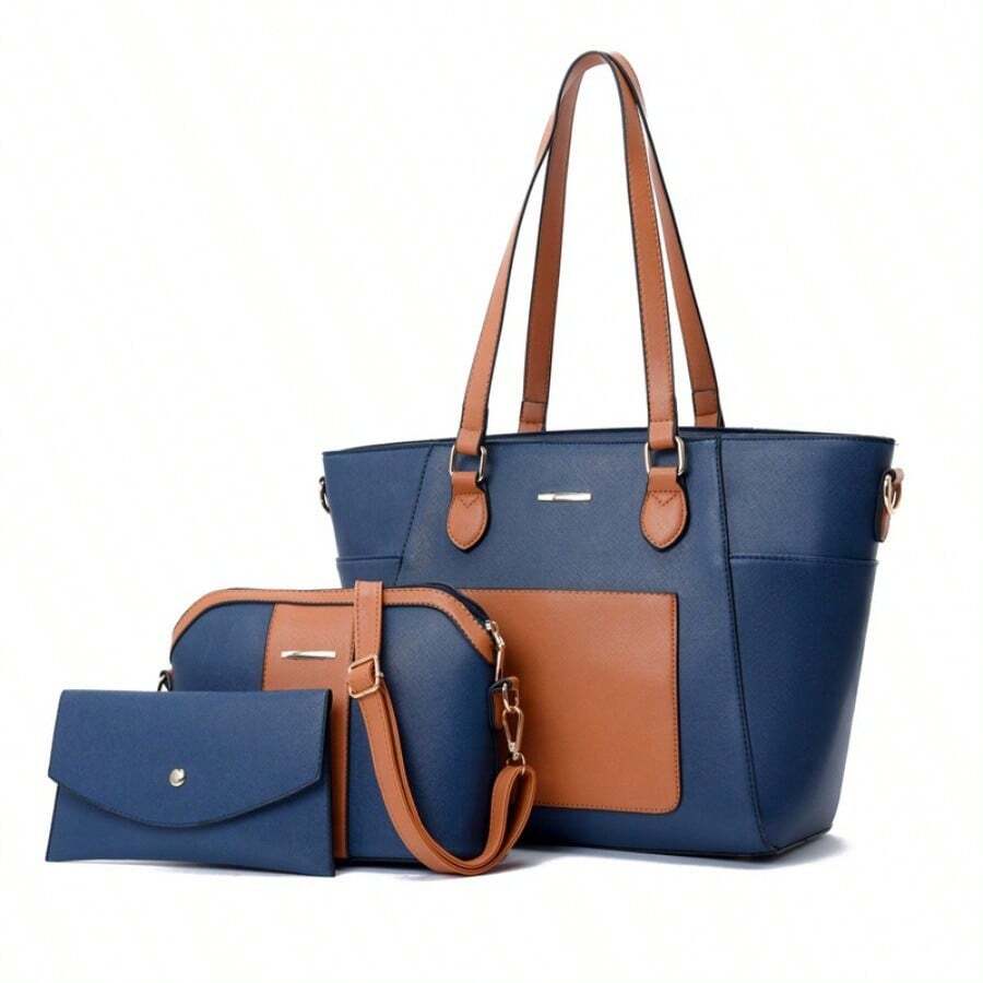 Elegant Color Block Faux Leather 3Pcs Tote Bag Set Shoulder Crossbody Purse For Daily Use