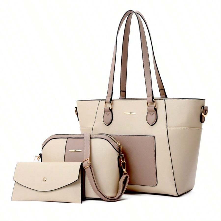 Elegant Color Block Faux Leather 3Pcs Tote Bag Set Shoulder Crossbody Purse For Daily Use