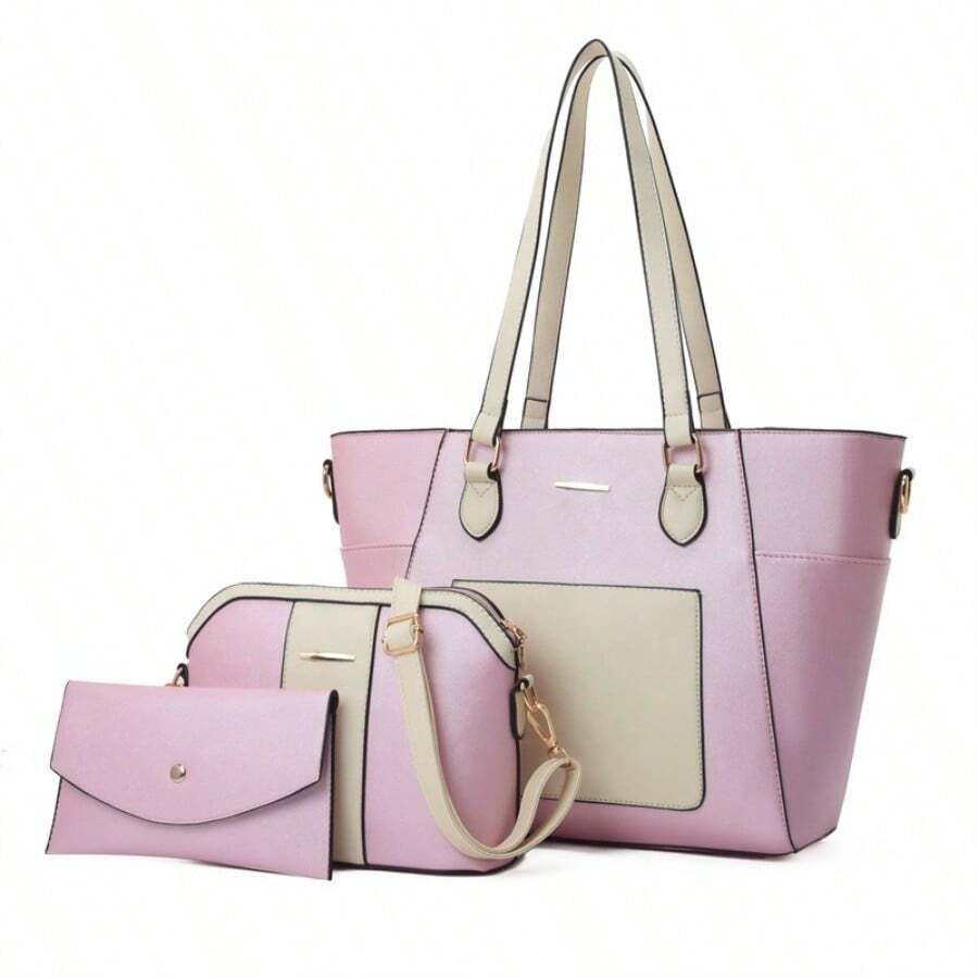 Elegant Color Block Faux Leather 3Pcs Tote Bag Set Shoulder Crossbody Purse For Daily Use
