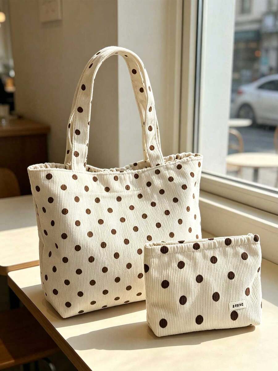 Cream Brown Polka Dot Corduroy Tote Bag Set With White Polka Dot Tote Bag, Large Capacity Soft Striped Corduroy Shoulder Handbag With Makeup Bag, Casual Shopping Bag, Vintage Polka Dot Print Textured