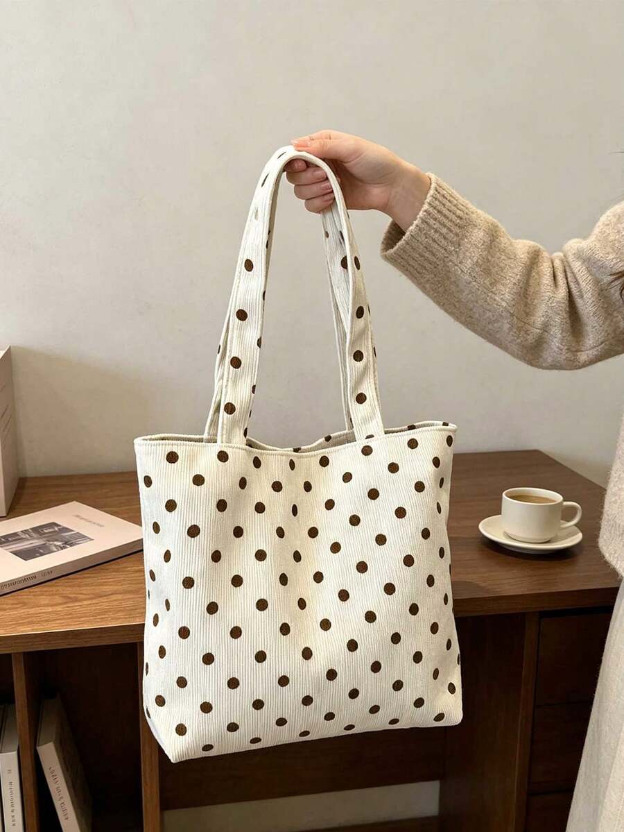Cream Brown Polka Dot Corduroy Tote Bag Set With White Polka Dot Tote Bag, Large Capacity Soft Striped Corduroy Shoulder Handbag With Makeup Bag, Casual Shopping Bag, Vintage Polka Dot Print Textured