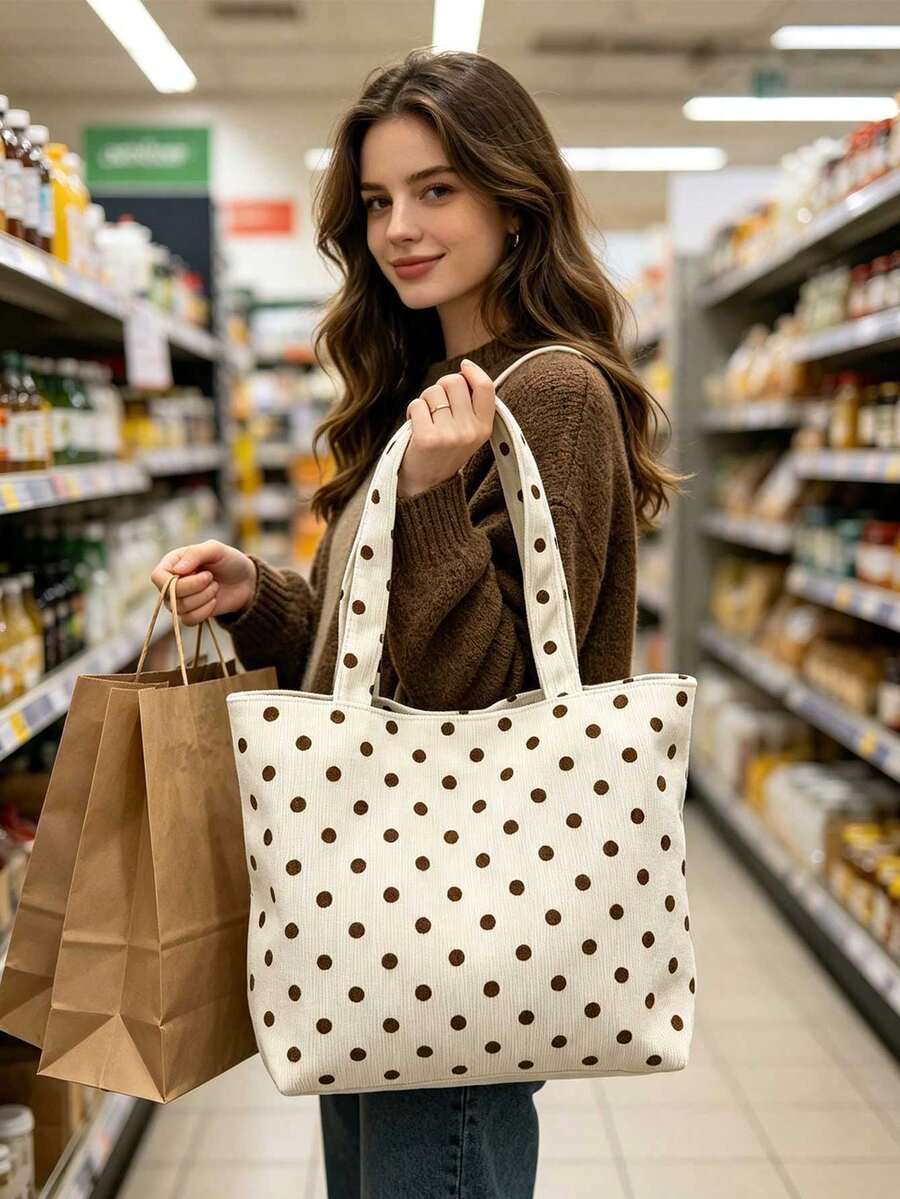 Cream Brown Polka Dot Corduroy Tote Bag Set With White Polka Dot Tote Bag, Large Capacity Soft Striped Corduroy Shoulder Handbag With Makeup Bag, Casual Shopping Bag, Vintage Polka Dot Print Textured