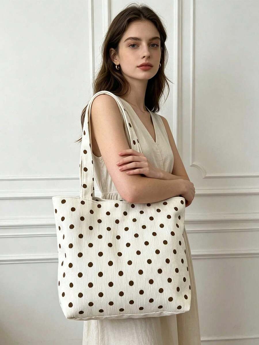 Cream Brown Polka Dot Corduroy Tote Bag Set With White Polka Dot Tote Bag, Large Capacity Soft Striped Corduroy Shoulder Handbag With Makeup Bag, Casual Shopping Bag, Vintage Polka Dot Print Textured