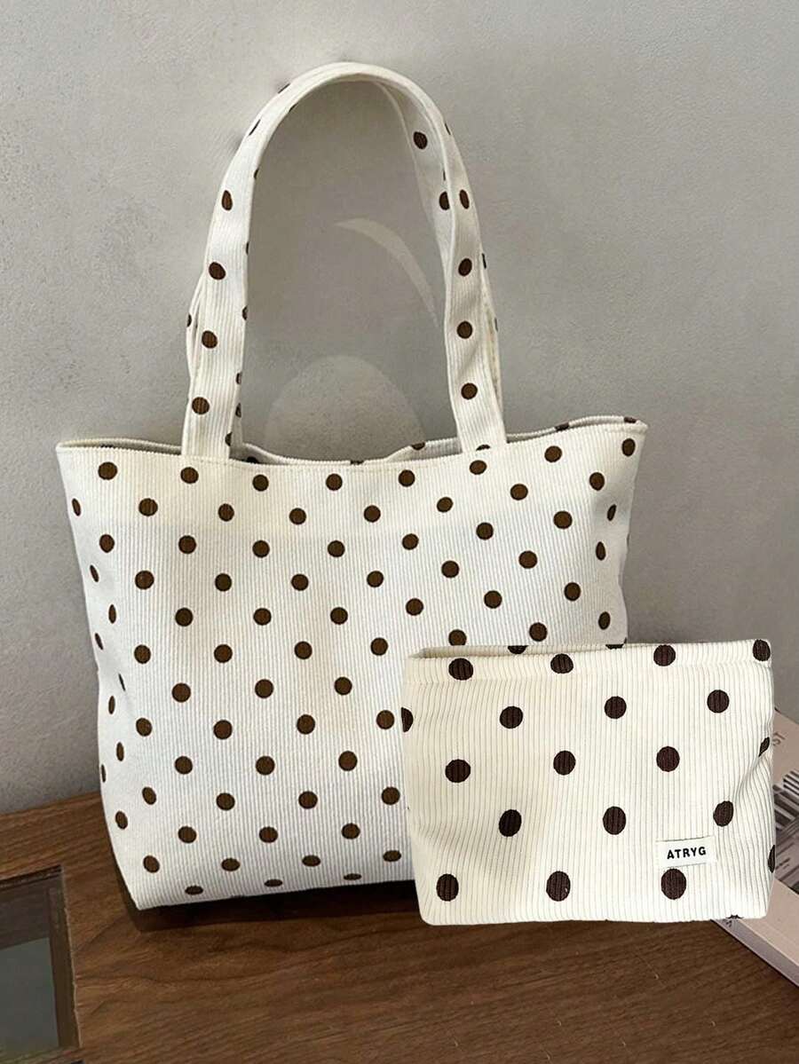Cream Brown Polka Dot Corduroy Tote Bag Set With White Polka Dot Tote Bag, Large Capacity Soft Striped Corduroy Shoulder Handbag With Makeup Bag, Casual Shopping Bag, Vintage Polka Dot Print Textured