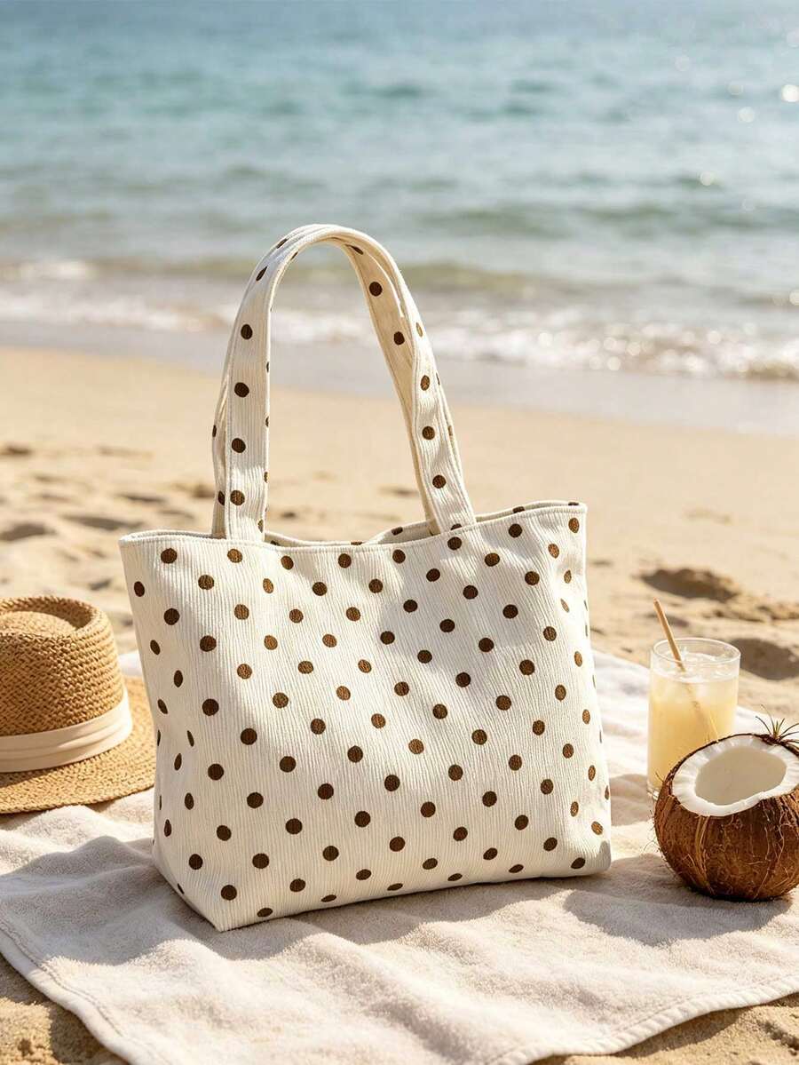Cream Brown Polka Dot Corduroy Tote Bag Set With White Polka Dot Tote Bag, Large Capacity Soft Striped Corduroy Shoulder Handbag With Makeup Bag, Casual Shopping Bag, Vintage Polka Dot Print Textured