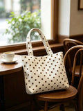 Cream Brown Polka Dot Corduroy Tote Bag Set With White Polka Dot Tote Bag