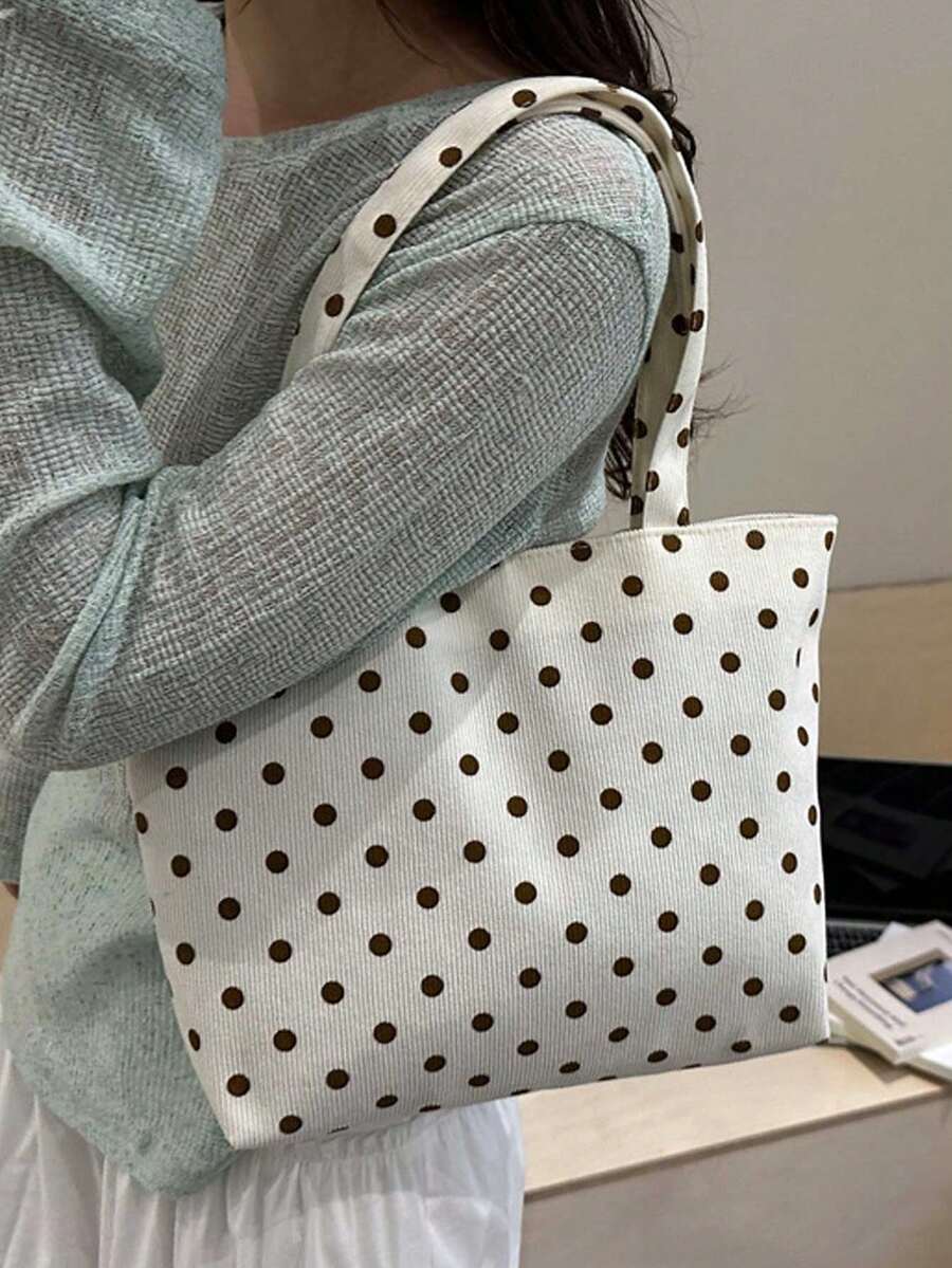 Cream Brown Polka Dot Corduroy Tote Bag Set With White Polka Dot Tote Bag, Large Capacity Soft Striped Corduroy Shoulder Handbag With Makeup Bag, Casual Shopping Bag, Vintage Polka Dot Print Textured