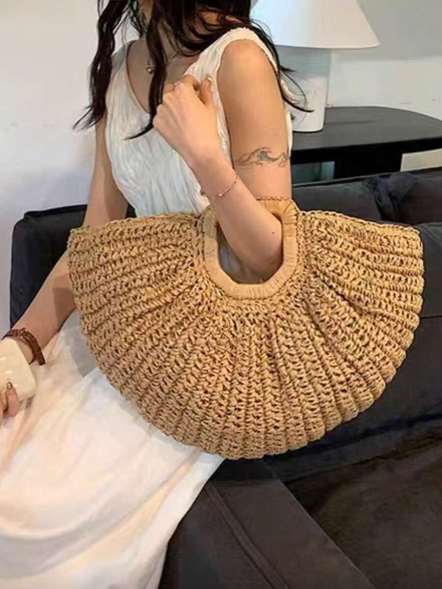 1pc Half-Moon Cloud Straw Woven Bag, Large Capacity Hollow Dual-Use Tote Crossbody For Summer Beach Vacation Gift Bolsos Para Mujer