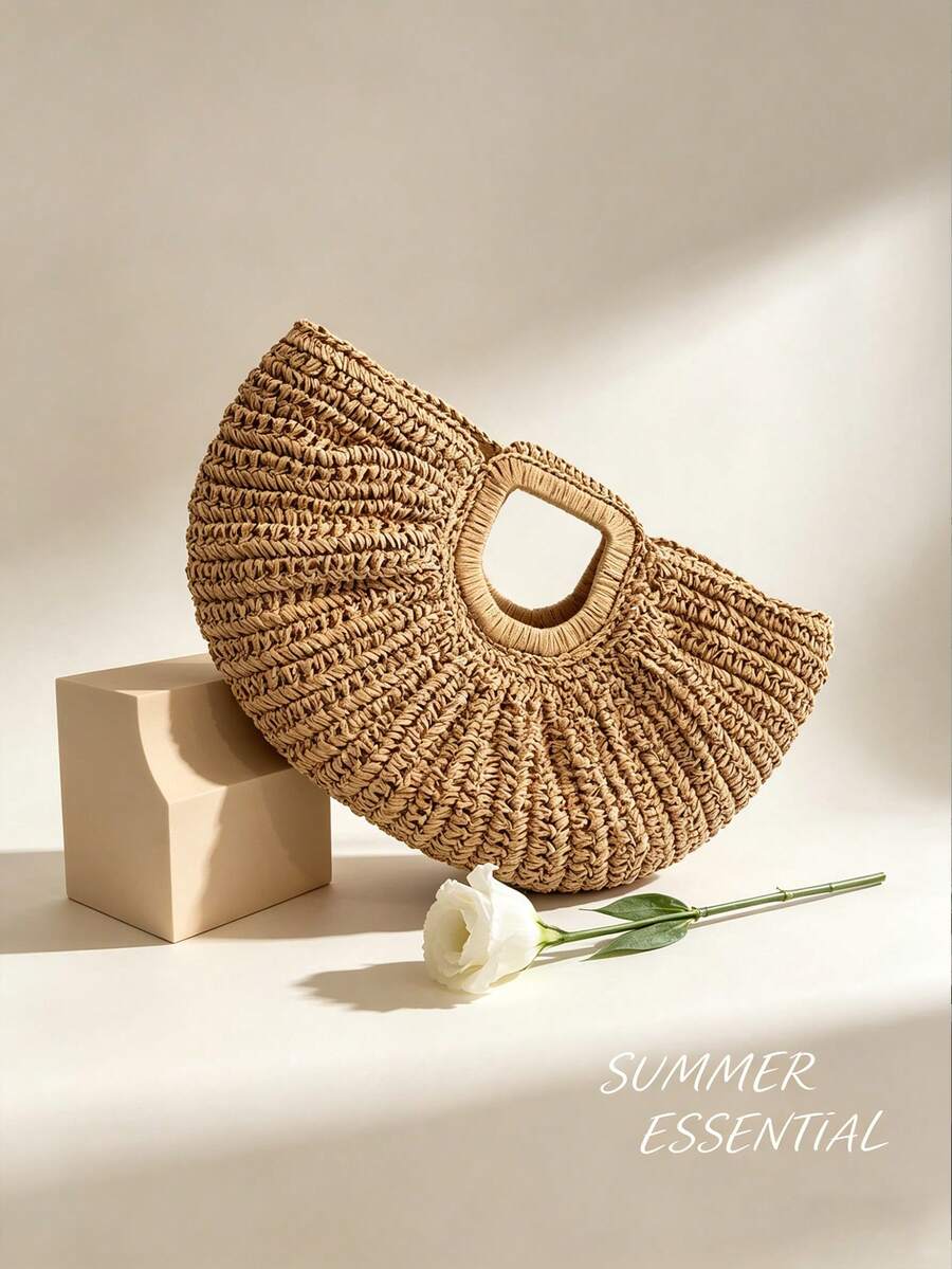 1pc Half-Moon Cloud Straw Woven Bag, Large Capacity Hollow Dual-Use Tote Crossbody For Summer Beach Vacation Gift Bolsos Para Mujer
