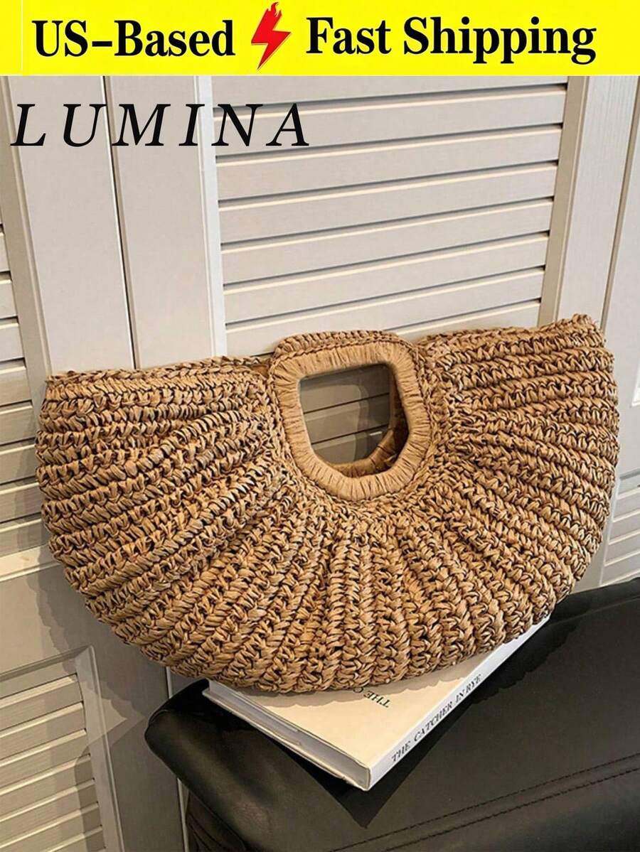 1pc Half-Moon Cloud Straw Woven Bag, Large Capacity Hollow Dual-Use Tote Crossbody For Summer Beach Vacation Gift Bolsos Para Mujer