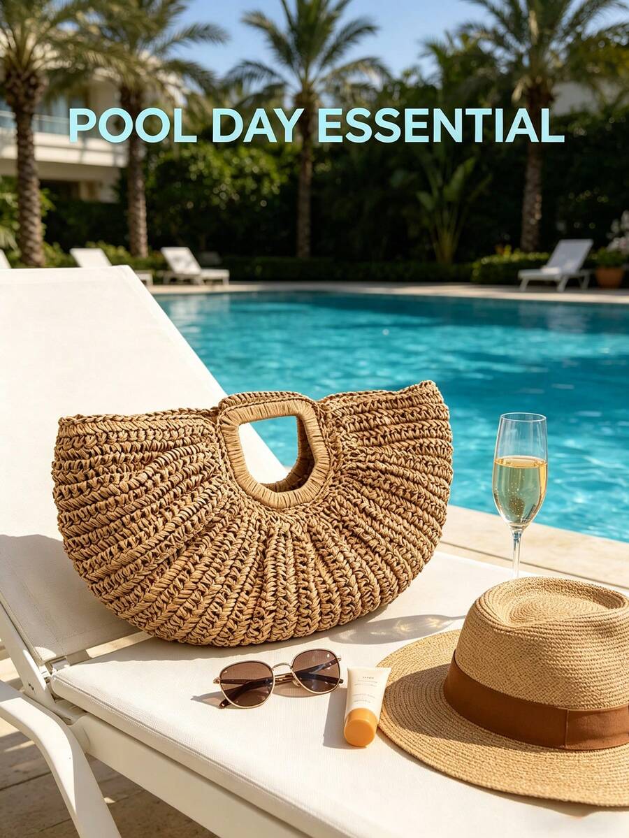 1pc Half-Moon Cloud Straw Woven Bag, Large Capacity Hollow Dual-Use Tote Crossbody For Summer Beach Vacation Gift Bolsos Para Mujer