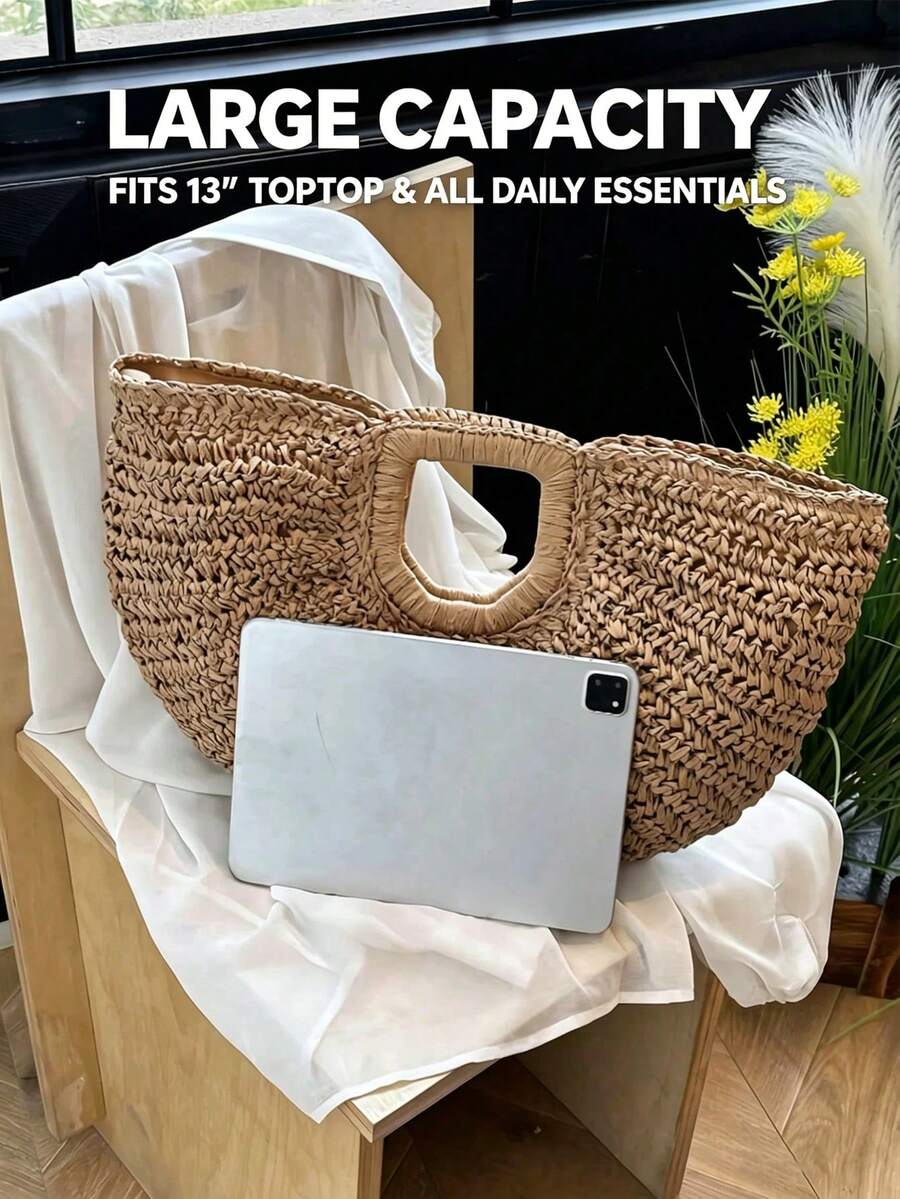 1pc Half-Moon Cloud Straw Woven Bag, Large Capacity Hollow Dual-Use Tote Crossbody For Summer Beach Vacation Gift Bolsos Para Mujer