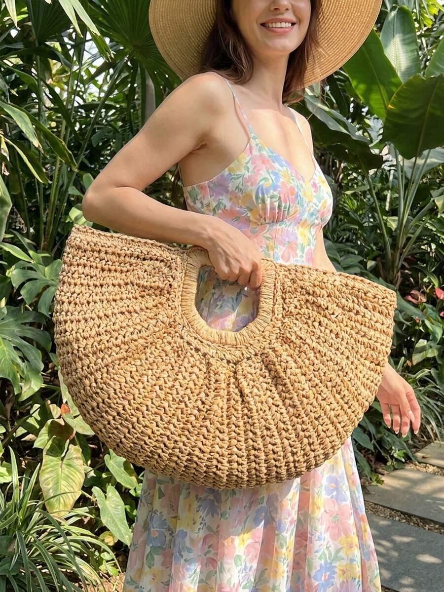 1pc Half-Moon Cloud Straw Woven Bag, Large Capacity Hollow Dual-Use Tote Crossbody For Summer Beach Vacation Gift Bolsos Para Mujer